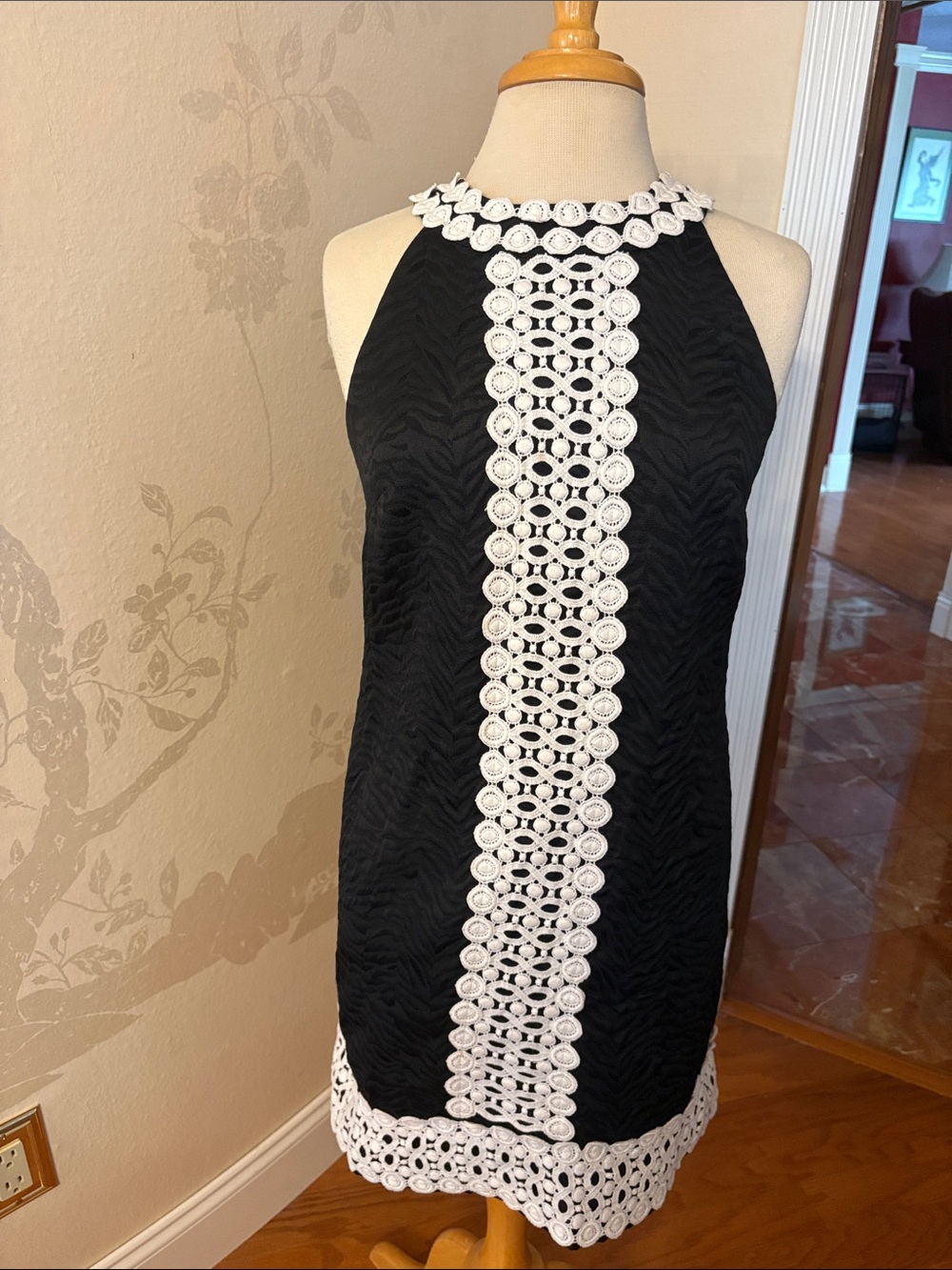 Michael Kors Black Halter Mini Dress with White Crochet Trim